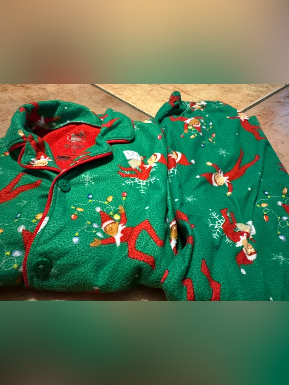 Kids Green Elf Print Fleece Pajama Set